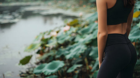 Close-up of a sporty woman in black sportswear standing on the lotus pond. Healthy lifestyle concept. Faceless, selective focus, copy spaceの素材