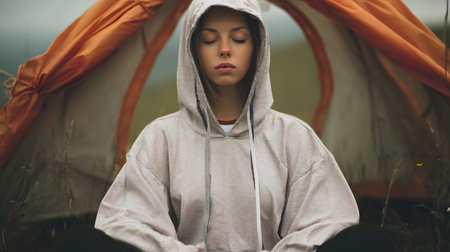 Young woman sitting in front of a tent, with closed eyesの素材