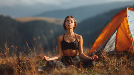 Young woman meditating in the yoga lotus position on top of mountainsの素材