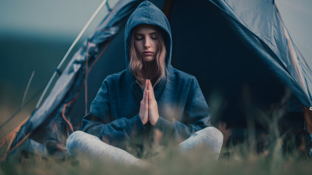 A young woman sitting in the lotus position in front of a tent and meditatingの素材