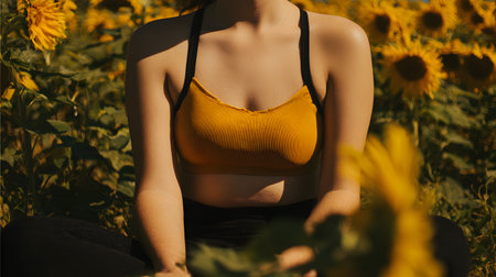 Beautiful young woman in a field of sunflowers. Selective focus. faceless sports and meditating conceptの素材
