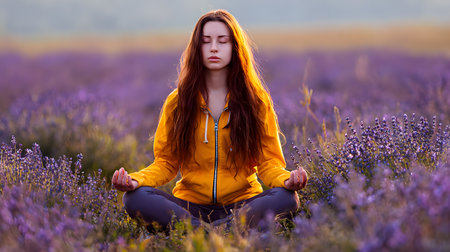 Young woman meditating in a lavender field with closed eyes at sunset. Yoga conceptの素材