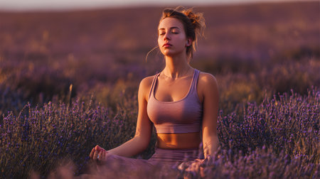 Young woman meditating in the lavender field with closed eyes at sunset. Girl sitting in lotus pose, selective focusの素材