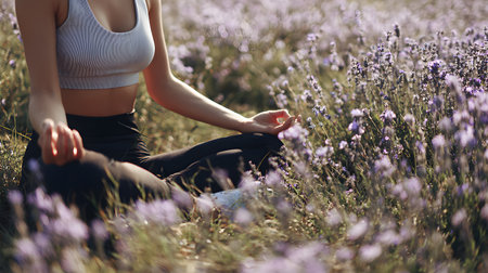 Young woman meditating in lavender field. Healthy lifestyle conceptの素材