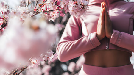 Young woman in pink sportswear meditating in front of a blooming tree. Faceless cropの素材