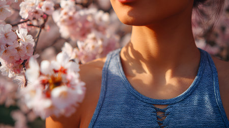 Close-up of a young woman in a blue top against the background of blooming cherry trees. Faceless sport conceptの素材