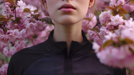 girl in a black sports sweater on a background of pink cherry blossoms, faceless sports womanの素材