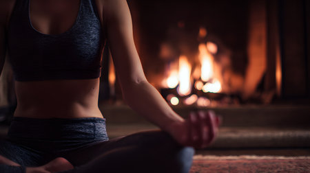 Young woman practicing yoga in front of the fireplace at home, close up. Healthy lifestyle conceptの素材