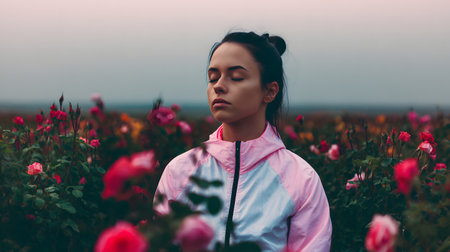 Beautiful young woman in sportswear meditating in the field of pink rosesの素材
