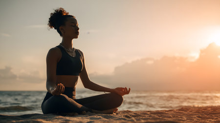 Young woman practicing yoga on the beach at sunrise. Healthy lifestyle and relaxation conceptの素材