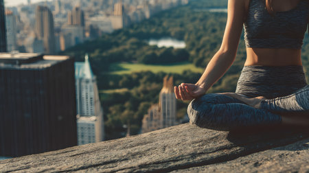 Young woman is practicing yoga on the top of a skyscraper in New York City. Faceless yoga concept, copy spaceの素材