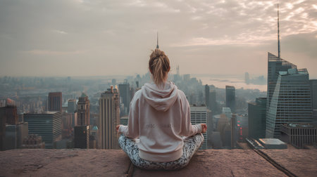 A young woman meditating in the lotus position on top of a skyscraper. View from the back, copy spaceの素材