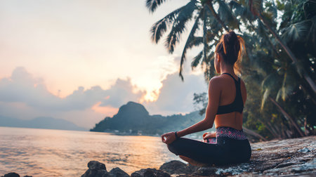 Yoga at the beach. Young woman practicing yoga on the beach at sunrise. Healthy lifestyle concept. copy space, meditation, facelessの素材