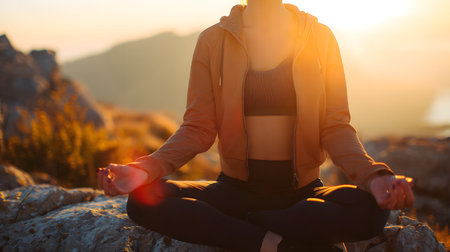 Young woman practicing yoga at sunset in the mountains. Healthy lifestyle concept. faceless, copy spaceの素材
