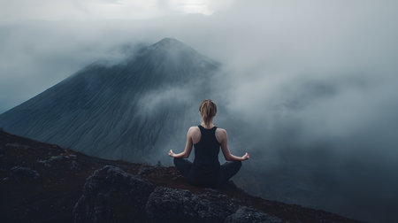 A young woman practices yoga on top of a mountain in the fog. faceless, view from the back, copy space, view from the backの素材