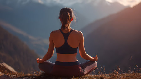 Young woman practicing yoga in the mountains at sunset. Meditation and relaxation. faceless, view from the back, copy space, view from the backの素材