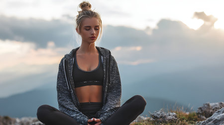 Sporty young woman meditating on top of a mountain during sunset. copy spaceの素材