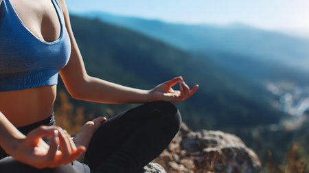 Young woman meditating in lotus position on top of mountain. close up crop, copy spaceの素材