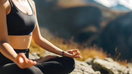 Young woman practicing yoga in the lotus position on the top of a mountain. sunny day, close up crop, copy spaceの素材
