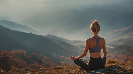 Young woman meditating in lotus position on top of a mountain. faceless, view from the back, copy spaceの素材