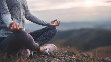 Young woman practicing yoga on the top of a mountain at sunset. crop close-up, faceless, copy spaceの素材