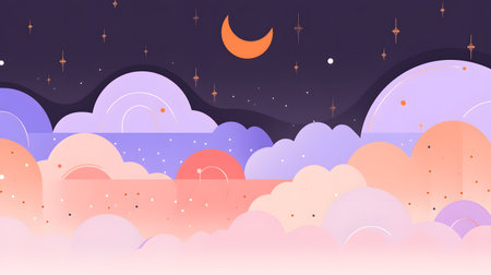 Night sky background with clouds and moon. illustration in cartoon styleの素材