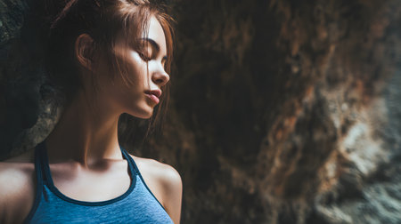 Beautiful young woman meditating in the cave. Girl with closed eyesの素材