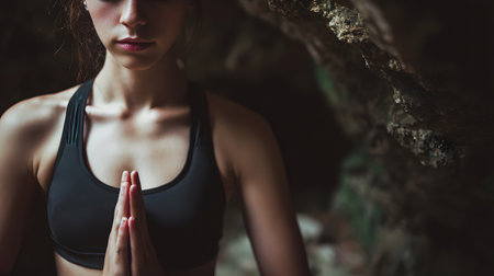 Young woman practicing yoga in a cave. Healthy lifestyle and relaxation conceptの素材