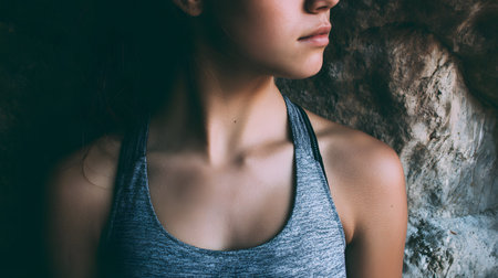 Portrait of a beautiful young woman in a gray sports top. Close-up crop, meditating, copy space, facelessの素材