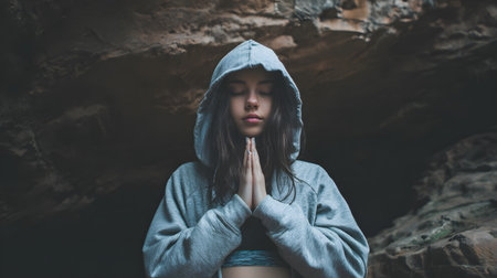 Beautiful young woman in a gray hoody praying in a cave. Close-up crop, meditating, copy space, facelessの素材