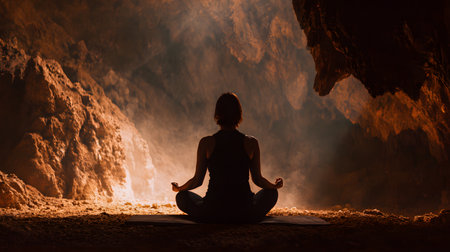 Young woman practicing yoga in a cave. Meditation and relaxation concept. copy space, facelessの素材