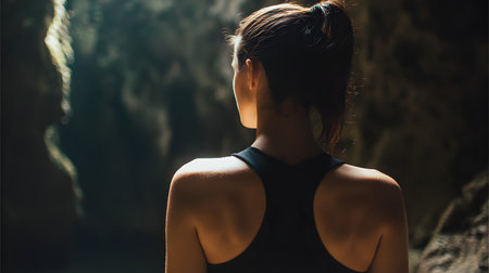 Back view of a young woman in a black sports top looking at the cave. back view, copy space, facelessの素材