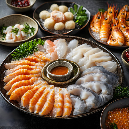 Seafood rounded platter on a wooden table. Restaurant menu backgroundの素材