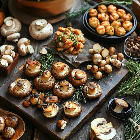 Baked champignon mushrooms with thyme and rosemary on a wooden boardの素材