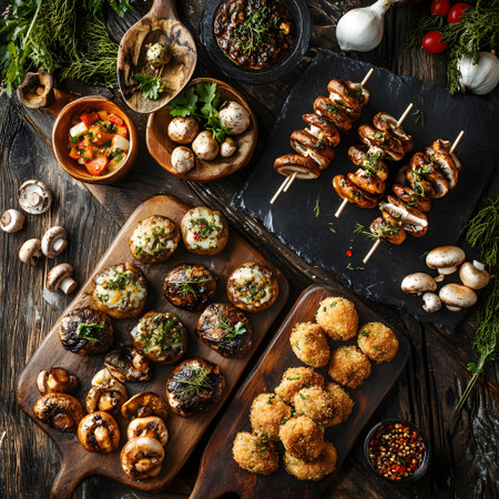 Grilled champignons with mushrooms on skewers, top view on wooden surfaceの素材