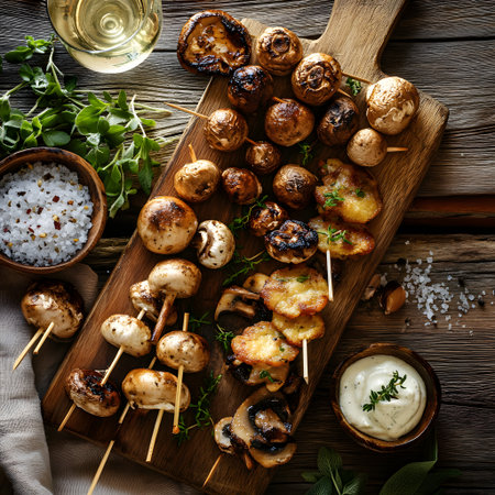 Grilled champignon mushrooms on skewers with sour cream and herbs. top viewの素材