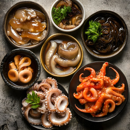 Seafood restaurant menu. Different kinds of octopus, squid and mussels in bowls over grey background. Top viewの素材