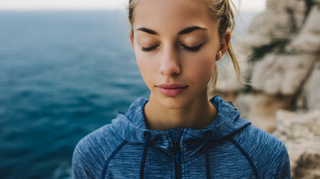 Portrait of a young sportswoman with closed eyes meditating at sea cliffの素材