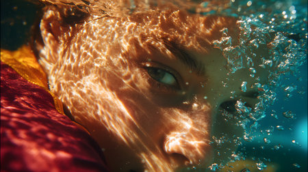 Underwater portrait of a beautiful girl in swimming pool. Underwater shotの素材