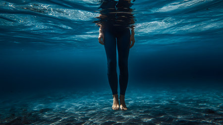 Underwater view of a woman swimming underwater with her legs out of waterの素材