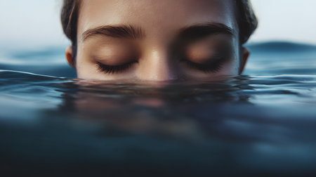Close-up portrait of beautiful young woman with closed eyes lying in waterの素材