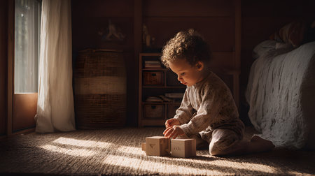 Cute little boy is playing with wooden blocks in the room at homeの素材