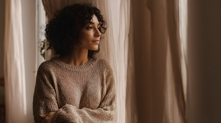 Portrait of a beautiful young woman with curly hair looking out the windowの素材