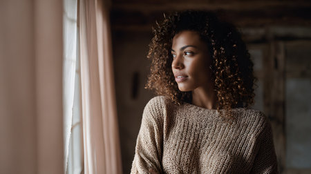 Beautiful african american woman with curly hair looking through a window with a smileの素材