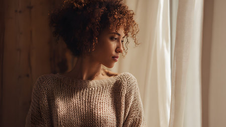 beautiful african american woman in sweater looking down at the window at homeの素材