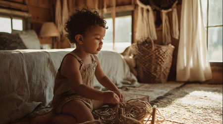 Cute little African American girl playing with a basket of hay in a rustic country houseの素材