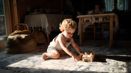 Cute little boy playing with wooden toy in the room at homeの素材