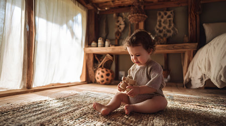 Cute little baby girl playing with wooden toys in a rustic roomの素材