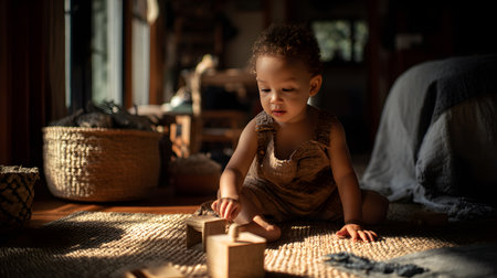 little boy playing wooden toys in the kids roomの素材
