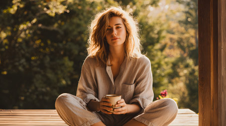 Beautiful young woman with a cup of coffee sitting on a wooden terraceの素材